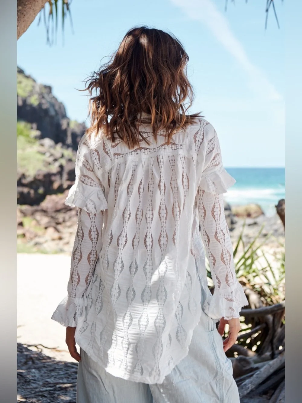 EUC Free People White Lace Candy Shop Boho Long Sleeve Tunic